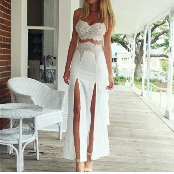Long Skirt With Slit Double Thigh Split Skirt Hello Molly Dresses Hello  Molly White Lace Double